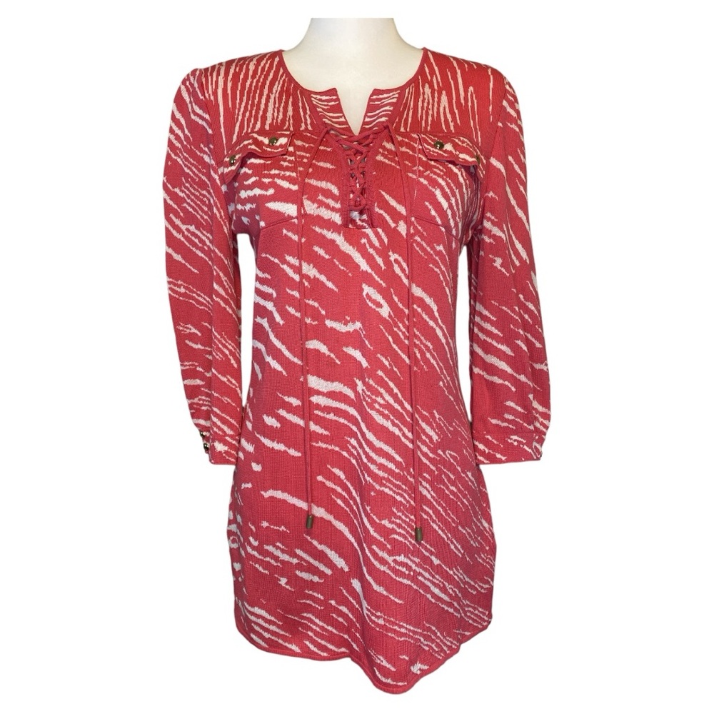 Ming Wang Pink White Tiger Print Tunic Size‎ XS Lace-up Neckline Resort Designer